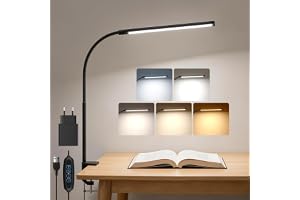 Akynite LED skrivbordslampa som kan klämmas fast, med timer, inkluderad 2A-adapter. 5 färglägen och 10 ljusstyrkor, USB-anslutning med kabel. Klämlampa för skrivbord, svanhals LED bordslampa