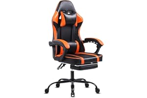 HOTOSYCH Sedia Gaming Ergonomica, Poltrona Gaming con Schienale Regolabile, Sedia da Gamer con Poggiatesta e Supporto Lombare, Sedia Gamer in Pelle Sedia Gaming con Poggiapiedi (Cuscino piatto, Arancione)