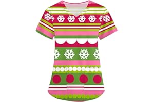 DIYIOUZHOU Christmas Scrubs Tops Nurse Xmas Printed Scrub Festival Short Sleeve V Neck Durable Work Uniform with Pockets
