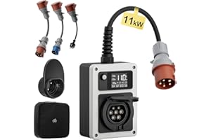 ‎DÉ dé Przenośna stacja ładująca 11 kW 16 A EV 11 kW z adapterem Traveller, wtyczka CEE i gniazdo typu 2, karta RFID do ID.4 ID.5, model Y/3, e-up, e-tron i innych EV i PHEV