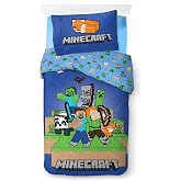Minecraft Single Bed Set | Duvet Cover 140 x 200 cm and Pillowcase 50 x 70 cm | 100% Soft, Breathable and Reversible Cotton |