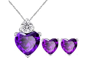 Uloveido Women's Love Heart Shape Crystal Necklace Matching Stud Earrings Necklace Set White Gold Plated Birth-Stone Jewellery BME53 (Purple White Red for Option)