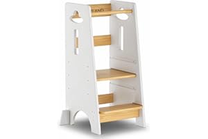 COSYLAND Torre Montessoriana da 1 Anno - Torre montessoriana bambini in Legno Più Spesso - Torretta Montessoriana con Scala Regolabile a 3 Altezze - Scala Montessoriana per Bambini(Bianco&Naturale)