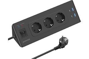 ANVODE Corner Socket with USB and 2 Type-C, 3-Way Corner Socket Strip with Switch, Power Strip, Multiple Socket, Overload Protection for Kitchen, 2 m Cable