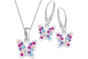 Mädchen Kinder Kristall Schmetterling Brisur Ohrringe + Anhänger + 40cm Kette 925 Silber Set