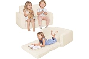 GENERIC 2-in-1 Kids Sofa Bed, Extra Wide Toddler Chair with Side Pockets & Removable Cover, Convertible Children's Armchairs for Girls and Boys (Beige)