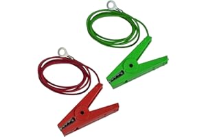 DOBLIT Replacement Live and Earth Connection Leads For Electric Fence Energiser | Red & Green | Fence and Ground Spares | 100cm Insulated Cable with Crocodile Clip | M8 Eyelet | Stainless Steel Teeth (Pair)