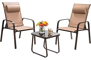 COSTWAY Conjunto 3 Muebles de Exterior Jardín, Mesa Baja en Vidrio Templado y 2 Sillas Apilables con Reposabrazos y Reposacabezas Regulables, Tejido Transpirable y Estructura en Acero Antióxido (café)