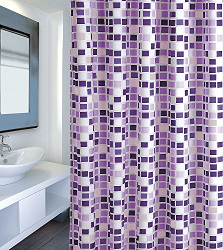 Cotexsa by MSV Premium Anti-Schimmel Textil Duschvorhang – Anti-Bakteriell, waschbar, 100% wasserdicht, mit 12 Duschvorhangringen – Polyester, „Mosaik“ Violett 180x200cm – Made in Spain - 3