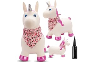 sun baby Animal Sauteur Gonflable, Jouet Enfant 1 an pour l'intérieur et l'extérieur, Design Ergonomique, Pompe Manuelle Incluse (Licorne Blanc et Rose avec Bandana)