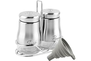 Fyfjur Saliera E Pepiera, 1 Set Saliera Da Tavola In Acciaio Inossidabile, Saliera con Supporto e Imbuto in Silicone, Saliera Da Cucina Per Zucchero, Spezie, Sale E Pepe, Argento