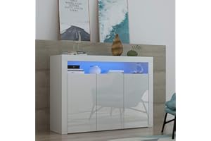 Panana High Gloss 3 Door Sideboard Cupboard with LED Lights Large Display Cabinet Storage Unit for Living Room Bedroom (White)