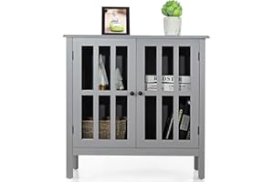 GOPLUS Armario de pie con 2 estantes de Almacenamiento y 2 Puertas de Cristal Templado, Mueble de Almacenamiento con Patas de Pino, para baño, salón, Dormitorio, 80,5 x 35 x 79 cm（Gris）