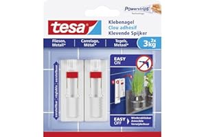tesa Klebenagel Fliesen&Metalll, verstellbar, 2 Stück - anpassbarer Klebenagel für glatte und feste Oberflächen in Bad und Küche, 3 kg Haltekraft - ablösbar und wiederverwendbar