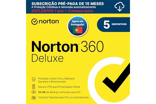 Norton 360 Deluxe 2025|Antivírus 5 Dispositivos| 15 meses com renovação automática| Descarga digital