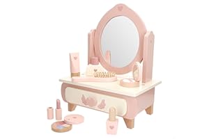 WOOMAX Tocador de Madera, con Espejo, Peine, Pintalabios, Frascos y paletas de Maquillaje, Set de Belleza Infantil, Material FSC, 28x10x35 cm, Juguete Educativo, para niños y niñas de 3 años (39247)