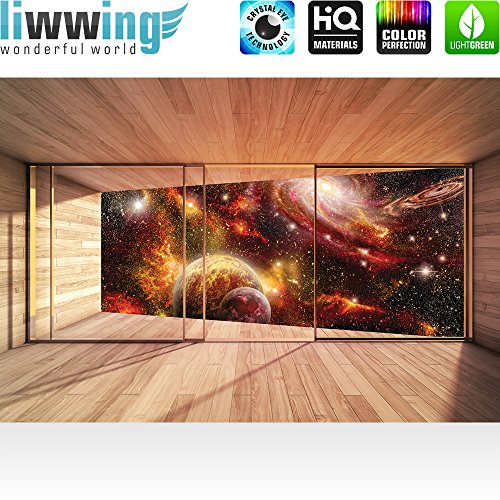 Vlies Fototapete 312x219cm PREMIUM PLUS Wand Foto Tapete Wand Bild Vliestapete – Welt Tapete Raum Weltall Holzwände Holz Scheibe bunt – no. 1274 - 2