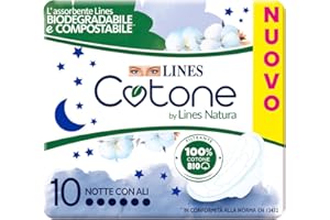 Lines Cotone by Lines Natura notte con Ali, 10 assorbenti in cotone per il giorno, Biodegradabile e Compostabile. Filtrante 100% cotone Bio delicato sulla pelle.