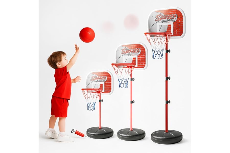Toyana Kids Basketball Hoop Stand, Height Adjustable (80 to 145cm) Portable Basketball Set with Backboard & Stable Fillable Base, Indoor Outdoor Sports Game Toy for Children Age 3+