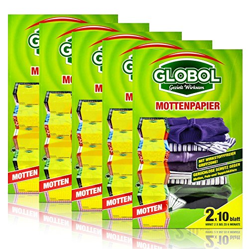 5x Globol Mottenpapier 2x10 Blatt - Geruchloser Schutz gegen Motten