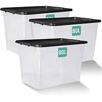 Klass Home Collection 3 x 80 Litre Large Plastic Storage Boxes With Lids - Heavy Duty Stackable 80L Large Storage Box With Li