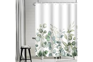 Uiiooazy Cortina Ducha Eucalipto, Cortina de Ducha Hojas Verde Flores Planta Motivo Cortinas de Baño Antimoho Impermeable Lavable Tejido de Poliéster Cortinas de Ducha con 12 Ganchos 180x240cm