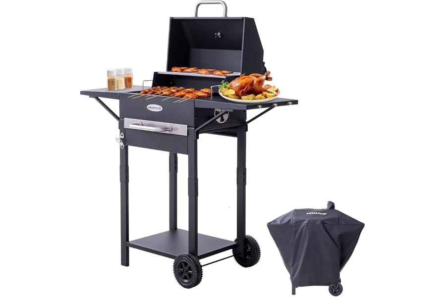 HOMAVO Barbacoa carbón con tapa y funda protectora, Parrilla 2 en 1 compacta para balcón, Termómetro integrado, Mantener cali