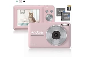 Andoer Digital Camera with 32G TF Card, 44MP Compact Camera, 16X Digital Zoom Anti-Shake 1080P Vlogging Camera, Auto Focus Portable Camera for Kids Teen Adult Beginner, Pink