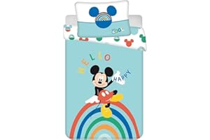 JFabrics Disney Mickey Mouse Parure de lit pour bébé avec Housse de Couette et taie d'oreiller 100% Coton Bleu 100 x 135 cm + Pillowcase 60 x 40 cm