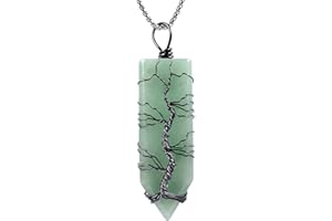 Nupuyai Tree of Life Healing Crystal Point Pendant Necklace for Women Men, Wire Wrap Amulet Stone Pendant Jewelry