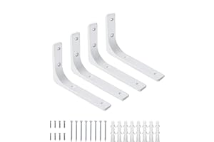 JOI WORLD Shelf Brackets White 4 Pcs 10 Inch Premium Right Angle Corner Brackets for Shelf – Support Shelving Brackets for Wall Hanging – Heavy-Duty Steel Angle Brackets for Floating Shelves