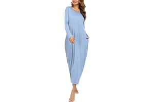 Sykooria Damska długa koszula nocna bawełniana luźna koszula nocna plus size koszula nocna z długim rękawem dekolt w serek sukienka do spania na co dzień bielizna nocna z kieszeniami