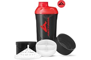 AMITYUNION Protein Shaker 700 ml - Bez BPA z sitkiem i skalą do kremowych shake'ów z białkiem serwatkowym - Kubek fitness na siłownię do izolatów i koncentratów sportowych, (Czarny czerwony cup)