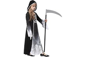AOLIUP Halloween Costume Morte Bambina - Vestito da Mietitore Scheletro per Ragazza con falce - Costumi Grim Reaper Bambini per Halloween Carnevale Cosplay Festa