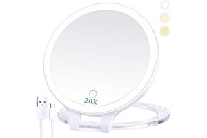 B Beauty Planet Miroir grossissant 20X/1X, Miroir de Table Double Face avec poignée Pliante Ajustable, Miroir de Voyage Rechargeable et éclairé avec 3 lumières de Couleur