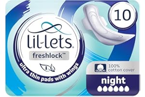 Lil-Lets Freshlock™ Ultra Thin Period Pads - 10 Count (1 Pack), Night Absorbency, with Wings, Unscented, 100% Cotton Cover, Nightime Sanitary Towels