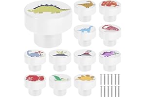 ALONGEN Lot de 12 boutons de tiroir ronds en bois blanc avec vis 35 mm - Motif dinosaure - Poignées de tiroir décoratives en bois pour armoire de chambre d'enfant