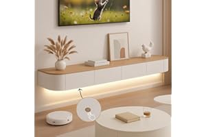Ribanedy Mobile TV Sospeso Moderna con luce LED | Consolle Multimediale da Parete | Grande Mobile TV con Spazio di Archiviazione per Soggiorno e Ufficio (Bianco + Legno, 140cm)