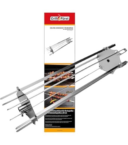 BBQ-Toro Grillspieß Set 70 cm | Drehspieß für Camping Ausflug, Trip, Lagerfeuer | 2 Fleischnadeln, Motor (Batterie), Untergestell mit Kohlerost | Grillzubehör