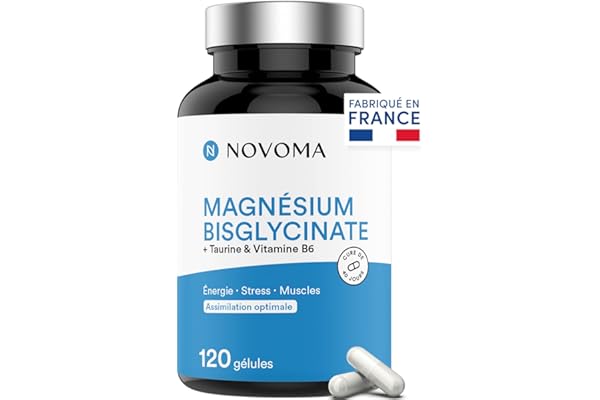 NOVOMA Magnésium Bisglycinate + Taurine & Vitamine B6, Haute Teneur 300mg /j, 120 gélules, Combat la Fatigue et le Stress, Mieux Absorbé que le Magnesium Marin, Fabriqué en France