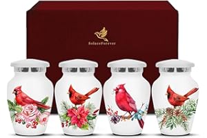 SOLACE FOREVER Cardinal Bird Kleine Urnen weiß – Mini Urnen für menschliche Asche, 4er-Set mit Box und Samtbeuteln – Ehren Sie Ihre Liebsten mit weißen Urnen – menschliche Urnen für Erwachsene und Kleinkinder