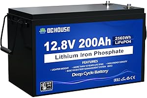 DCHOUSE batteria al litio 12V 200Ah LiFePO4, protezione a bassa temperatura, 4000-10000 cicli, potenza massima 2560Wh, ideale per camper, energia solare, roulotte, rete elettrica indipendente