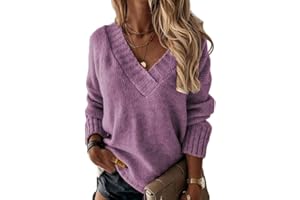 Minetom Femme Pull en Tricot Col en V Pullover Couleur Unie Léger Casual Manches Longues Pull Tricoté Chaud Hauts Chandail Automne Hiver