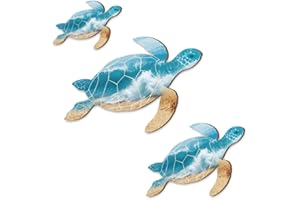 GOMAKERER 3 Pcs Wooden Sea Turtle Wall Decor, Turtle Wall Art Beach Theme Wall Decor Vintage Coastal Ornaments for Bedroom Bathroom Lake Garden House