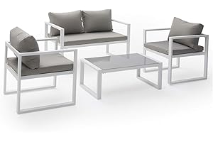 Happy Garden Conjunto de jardín Ibiza Tela Gris 4 plazas Aluminio Blanco