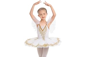 IBAKOM Enfant Filles Robe Ballet Justaucorps lac des cygnes Broderie Dorée Perles Gymnastique Robe Body Vêtements Danse avec Jupe Tutu