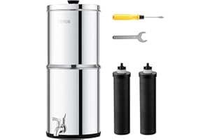 VEVOR Système de Filtration d'Eau par Gravité 5,5 L, Filtre à Eau par Gravité de Comptoir, en Inox 304, Réduction du Plomb et jusqu'à 99% du Chlore, avec 2 Filtres à Charbon et Robinet, Domicile
