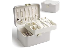 KAMIER Luksusowe 2-warstwowe pudełko na biżuterię, elegancka szara skóra z miękką aksamitną podszewką – idealne na kolczyki, bransoletki, pierścionki i naszyjniki, opakowanie gotowe na prezent