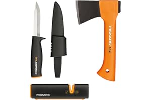 Fiskars stove set, leisure axe X5-XXS, 23 cm, Xsharp axe and knife sharpener, ceramic sharpening head, universal knife K40, incl. quiver, 22.5 cm, 1057913