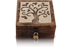 THE GREAT INDIAN BAZAAR Gran regalo de cumpleaños hecho a mano, caja decorativa de madera tallada con el árbol de la vida, organizador de joyas con cerradura y llave, caja de almacenamiento para reloj, 12,7 x 12,7 cm